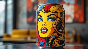 A vibrant beverage can stands prominently on a table, showcasing a striking pop art design of a woman. The cafe interior has a contemporary vibe with warm colors and art on the walls. photo