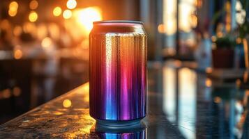 A sleek beverage can stands on a glossy surface, showcasing a gradient of colors as warm sunlight pours in, creating an inviting atmosphere in a lively indoor space. photo