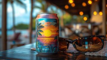 A brightly colored can rests on a wooden table, showcasing a sunset over the ocean. Stylish sunglasses sit nearby, adding a relaxed tropical vibe to the beach bar atmosphere. photo