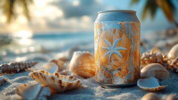 A refreshing drink rests on sandy beach near seashells, capturing the essence of relaxation. Gentle waves and a colorful sunset form a picturesque backdrop. photo