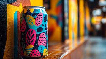 A decorative beverage can featuring vivid patterns is positioned on a wooden ledge, with a colorful mural visible in the background, creating a cheerful atmosphere. photo