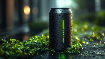 A can of a refreshing drink stands amidst lush green foliage on a wet surface, reflecting droplets of rain. The ambient light creates a vibrant urban atmosphere. photo