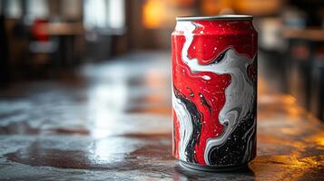 A colorful beverage can with a marbled red, black, and white design stands upright on a polished table. The background features a warm, inviting atmosphere with blurred furniture. photo