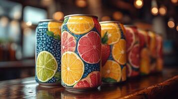 Cans adorned with vibrant fruit illustrations are arranged on a wooden bar counter. The warm ambiance of the cozy bar is highlighted by soft lighting, creating an inviting atmosphere for patrons. photo