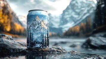 A beautifully designed can depicting mountains sits on a rocky surface by a serene lake. Surrounding trees reflect the colorful evening light and distant snow-capped mountains complete the view. photo