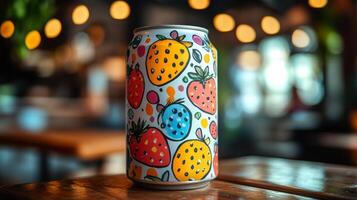 A decorative can featuring bright fruit designs sits on a textured wooden table in a lively cafe. The warm atmosphere is enhanced by soft, ambient lighting and blurred backgrounds. photo