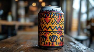 A colorful beverage can adorned with intricate tribal designs is placed on a rustic wooden table. The indoor setting features a cozy atmosphere with soft lighting. photo