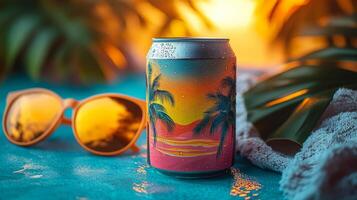 A colorful can of tropical beverage sits next to stylish sunglasses on a sandy surface. The warm sunset casts a golden glow, surrounded by palm leaves. photo