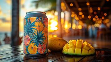 A vibrant canned drink rests beside a ripe mango on a wooden table. The sunset casts warm hues over the scene, creating a relaxed tropical atmosphere at the beach bar. photo