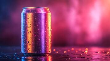 A metallic can stands on a reflective surface, illuminated by dynamic, colorful lights. Water droplets slide down its surface, creating a visually striking effect in a dark setting. photo