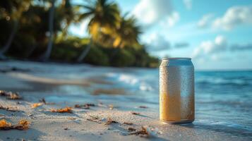 A cold can of drink is placed on the warm sand beside the ocean. The beach is lined with lush palm trees under a bright blue sky, capturing a relaxing tropical atmosphere. photo