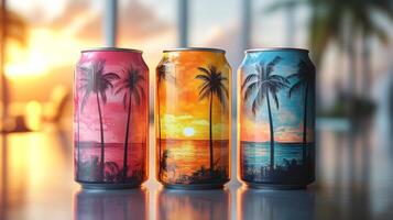 Three vibrant soda cans display tropical sunset designs with palm trees, reflecting warm colors. The bright background hints at a serene seaside atmosphere, creating a lively mood. photo