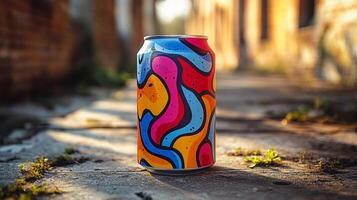 A vibrant, patterned can of drink stands against a backdrop of an old, worn path in an urban setting, illuminated by warm sunlight. The scene captures a blend of color and texture. photo