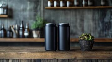 Two black beverage cans stand on a rustic wooden table surrounded by a contemporary backdrop featuring shelves lined with various bottles, adding to the atmosphere. photo
