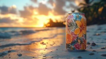 A colorful beverage can sits on the sandy beach with the ocean waves gently hitting the shore. The sun is setting, creating a stunning tropical ambiance that encourages relaxation. photo