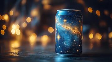 A stunning soda can decorated with a vibrant galaxy design captures attention. The can stands out against a softly lit background with warm bokeh lights, creating a dreamy atmosphere. photo