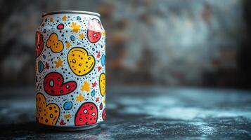 A decorative beverage can features vibrant patterns like hearts, stars, and polka dots in red, yellow, and blue. It is positioned on a rustic surface with dim lighting creating an artistic atmosphere. photo