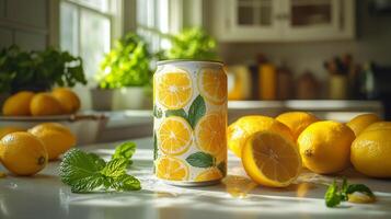 A vibrant can decorated with lemon graphics sits on a sunny kitchen counter, surrounded by fresh lemons and mint leaves, creating a refreshing atmosphere. photo
