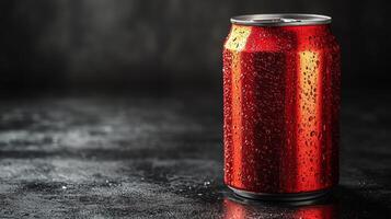 A can of a carbonated drink sits on a reflective surface, glistening with droplets of condensation. The dim lighting adds depth to the vibrant color of the can. photo