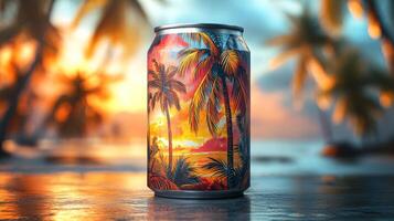 A tropical-themed can stands on a reflective surface, surrounded by a serene beach at sunset. Palm trees silhouette against a colorful sky, creating a relaxing atmosphere. photo