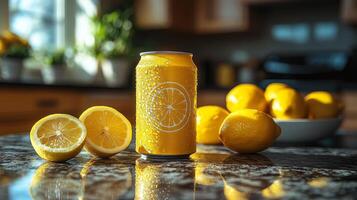 A bright kitchen features a condensation-covered yellow can of lemon-flavored drink beside freshly cut lemons. A bowl of whole lemons is visible in the background, enhancing the fresh vibe. photo