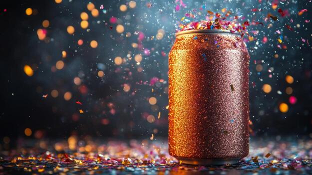 A sparkling can stands on a table surrounded by colorful confetti flying through the air. Bright lights enhance the festive atmosphere, creating a joyful ambiance. photo