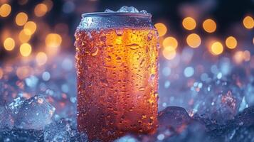 A chilled can of a carbonated drink sits on a bed of ice, glistening with condensation. Soft, colorful lights blur in the background, creating a festive atmosphere for a summer night. photo