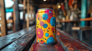 A bright can with abstract patterns is placed on a weathered wooden table. The background features a lively atmosphere with blurred figures, suggesting social interaction and relaxation. photo