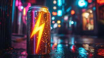A colorful beverage can with a lightning design stands on a shiny, rain-soaked street. Neon lights illuminate the background, creating a lively urban atmosphere. photo