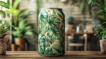 A beautifully designed can adorned with tropical leaf patterns is displayed on a wooden table. The background features lush greenery and a warm, inviting atmosphere, creating a peaceful setting. photo
