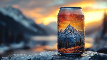 A vibrant beverage can featuring a mountain design rests on a rocky surface with water droplets. The sunset casts warm hues over the landscape, creating a tranquil atmosphere. photo