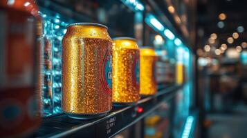 A collection of vibrant beverage cans with condensation visible on the surface is displayed in a well-lit refrigerated case. The setting suggests a lively gathering. photo