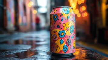 A vibrant can with artistic designs is positioned on a rain-soaked surface in an alley. The background features blurred lights and colors, creating a lively atmosphere at dusk. photo
