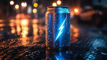 A vibrant can sits on a wet street, illuminated by nearby lights. Water droplets cling to its surface as rain falls, creating a reflective atmosphere in the evening. photo