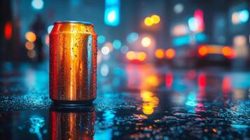 An orange soda can with water droplets sits on shiny pavement, reflecting bright city lights in the background on a rainy evening. photo