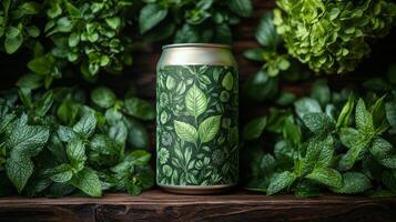 A green can featuring botanical patterns is nestled among vibrant mint leaves and various herbs on a rustic wooden surface, creating a fresh and organic look. photo