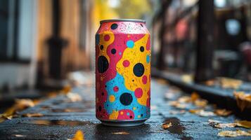 A vibrant beverage can featuring a colorful design sits on a wet pavement, surrounded by fallen autumn leaves. The setting is an urban street with blurred buildings in the background. photo