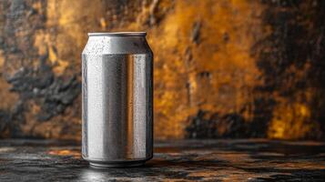 A metal can stands alone on a textured surface, capturing light against a warm, abstract painted backdrop. The moisture on the can suggests a cold beverage, inviting refreshment. photo