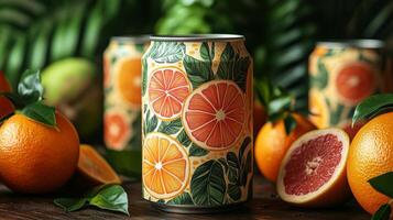 Brightly colored beverage cans decorated with citrus patterns are positioned among vibrant oranges and grapefruits, creating a fresh and lively atmosphere. photo