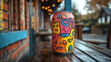 A bright, illustrated can rests on a rustic wooden table, surrounded by twinkling lights from nearby buildings on a lively street in the evening. photo