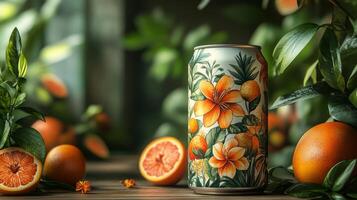 A beautifully designed beverage can features floral and fruit illustrations. Fresh oranges and green leaves surround the can, creating a refreshing atmosphere in soft lighting. photo