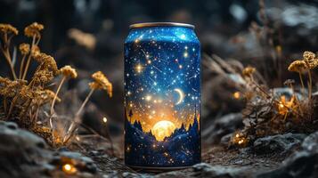A visually striking can featuring a night sky design rests amidst vibrant wildflowers in a tranquil forest setting during twilight, creating an enchanting atmosphere. photo