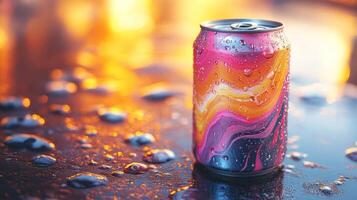 A brightly colored can sits on a wet surface, surrounded by water droplets. The warm sunset glow creates a soft, blurred background with vibrant hues of orange and pink. photo