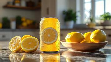 A condensation-covered lemon drink can sits beside halved and whole lemons on a countertop. Natural light streaming through the window brightens the kitchen, highlighting the vibrant colors. photo