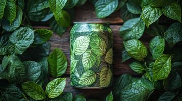 A vibrant can adorned with green leaf patterns is positioned among various fresh foliage. The alignment creates a harmonious and natural visual effect, emphasizing eco-consciousness. photo