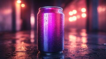 A colorful soda can stands prominently on a wet surface, glistening with droplets. Mysterious lights in the background create an energetic and vibrant environment. photo