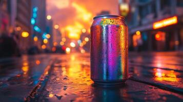 A shiny soda can sits alone on wet pavement, reflecting the vibrant colors of the sunset. The backdrop features a bustling city street illuminated by various lights at dusk. photo