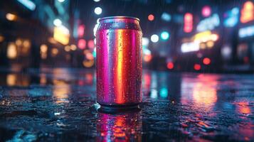 A colorful soda can stands upright on a rain-soaked street, with vibrant neon lights glowing in the background. The rain creates a shimmering effect on the ground. photo