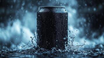 A dark-colored can sits in shallow water as droplets dance around it, creating a refreshing atmosphere. Ambient light enhances the scene with a cool vibe. photo