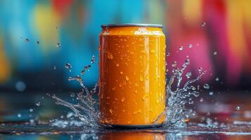 A bright orange can is dramatically splashing in water, creating droplets that shimmer. The colorful background enhances the lively summer atmosphere. photo